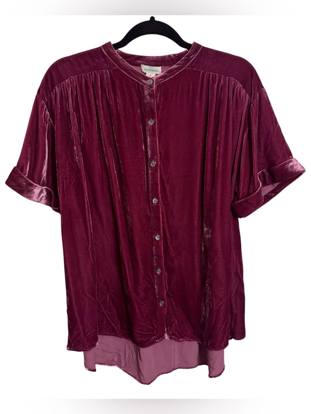 Sundance Pink Velvet Top Blouse Size Small Short Sleeve Boho Western Button Up